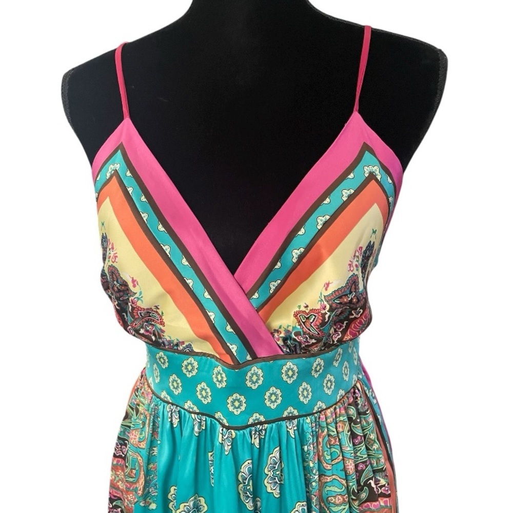 Nicole Miller Placed Paisley Empire Babydoll Dress Teal Pink Orange 12 hippie - Picture 2 of 6